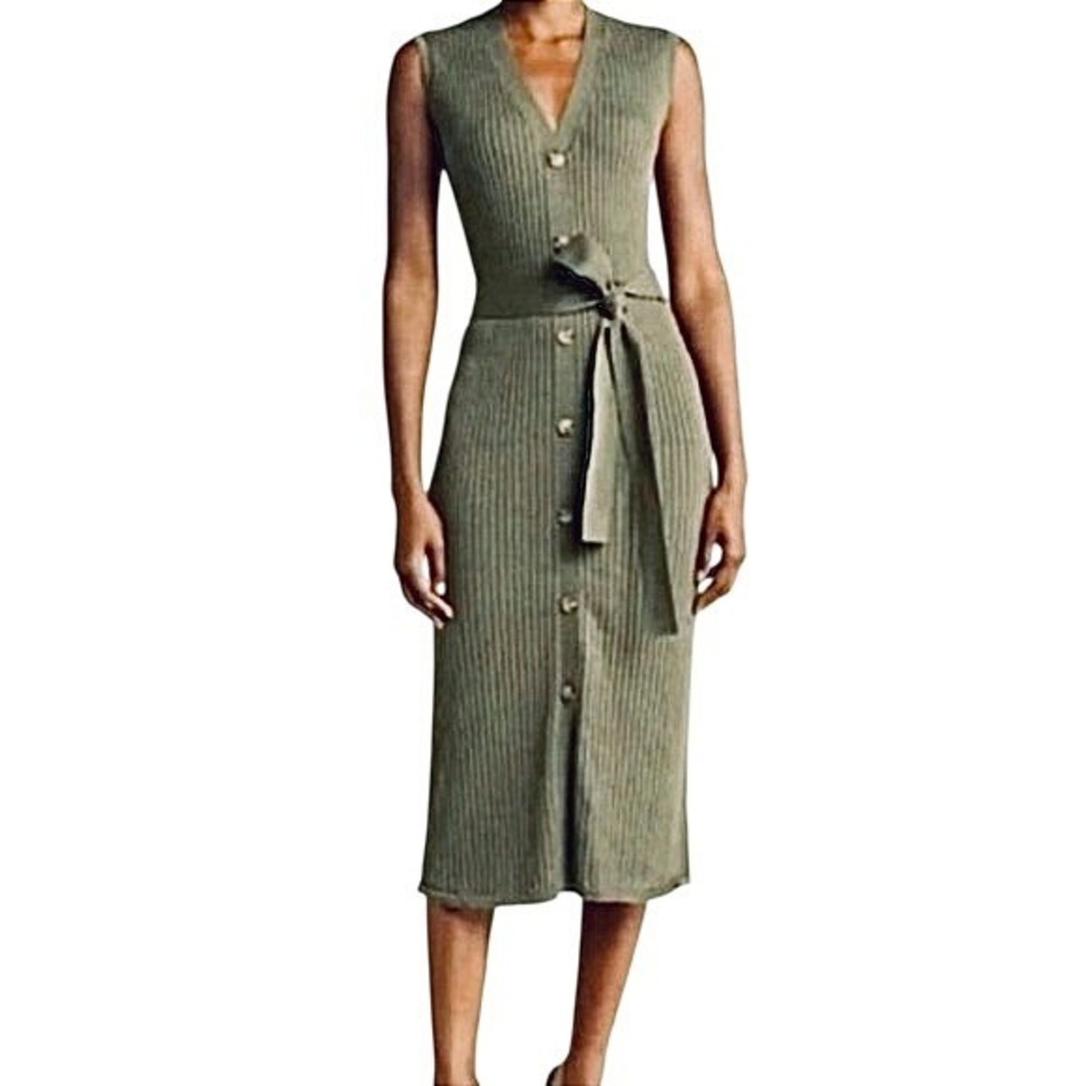 Magaschoni‎ Knit Dress Women Small Olive Green Ribbed Belted Button Front Midi